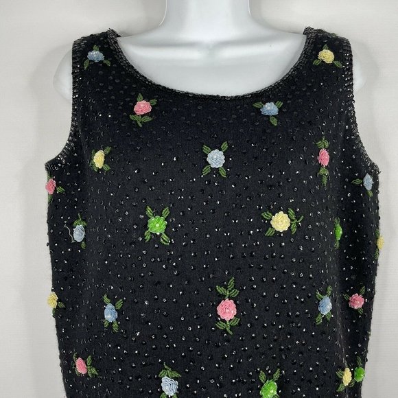 Vintage 50s Black Wool Angora Hand Beaded Sequined Rosettes Sleeveless S… - Picture 2 of 8